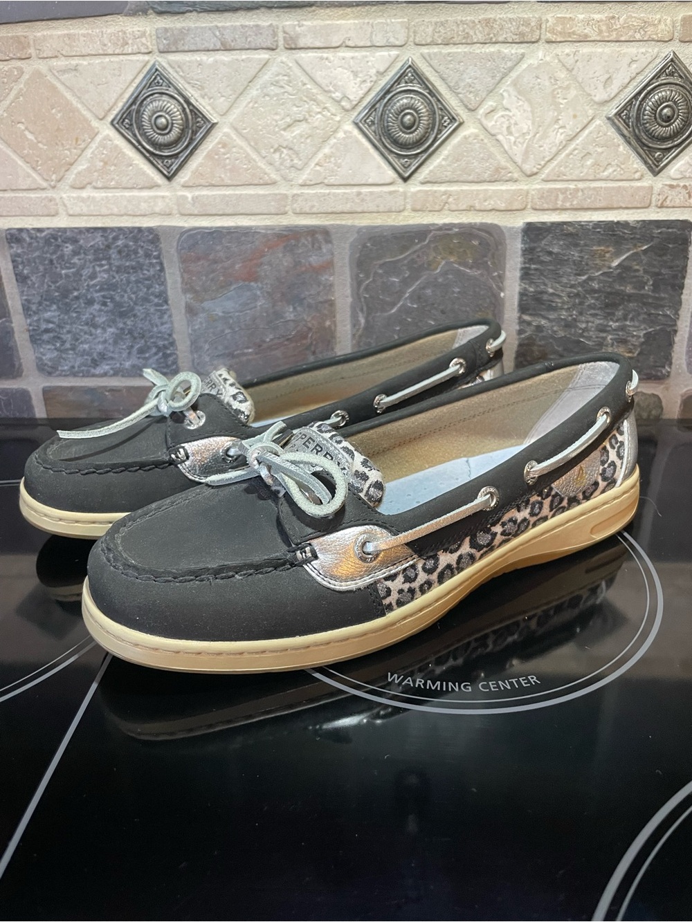 New Sperry Black Leather Leopard-Accent Slip-On Boat Shoes size 8